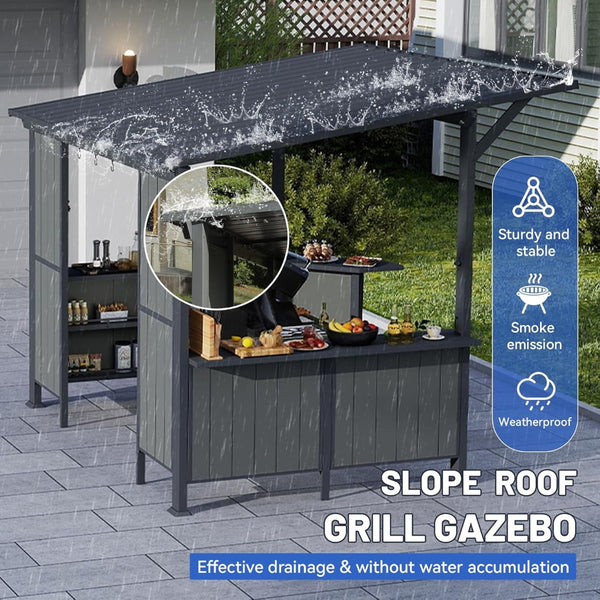 English Elm 9x10ft Hardtop Outdoor Grill Gazebo Galvanized Steel Canopy with Shelves for Patio Gray W1859S00180