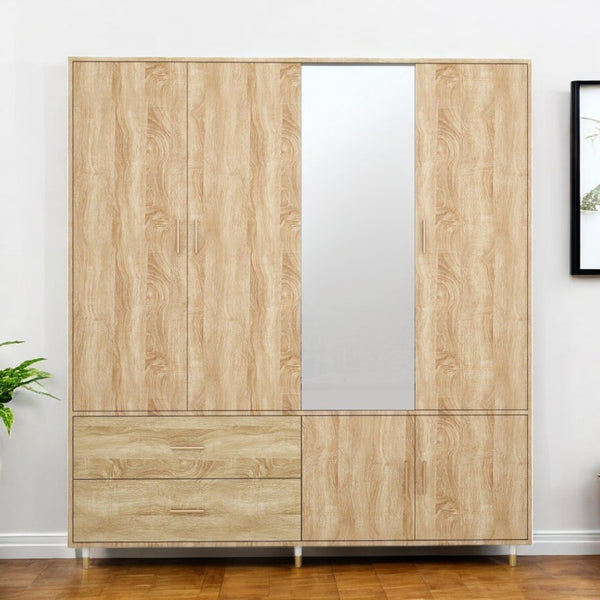 Homeroots 71" Natural Wood Mirrored Combo Dresser With Four Doors & Two Drawers For Stylish Storage Solutions  Manufactured Wood 569286