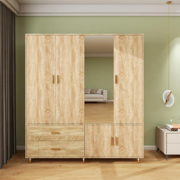 Homeroots 71" Natural Wood Mirrored Combo Dresser With Four Doors & Two Drawers For Stylish Storage Solutions  Manufactured Wood 569286