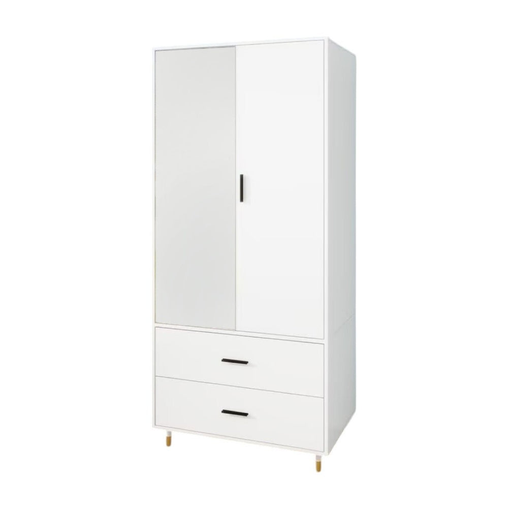 HomeRoots 71" Stylish White Mirrored Combo Dresser with Two Doors & Drawers for Modern Bedroom Storage Solutions 569288