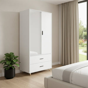 HomeRoots 71" Stylish White Mirrored Combo Dresser with Two Doors & Drawers for Modern Bedroom Storage Solutions 569288