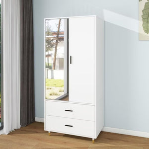 HomeRoots 71" Stylish White Mirrored Combo Dresser with Two Doors & Drawers for Modern Bedroom Storage Solutions 569288