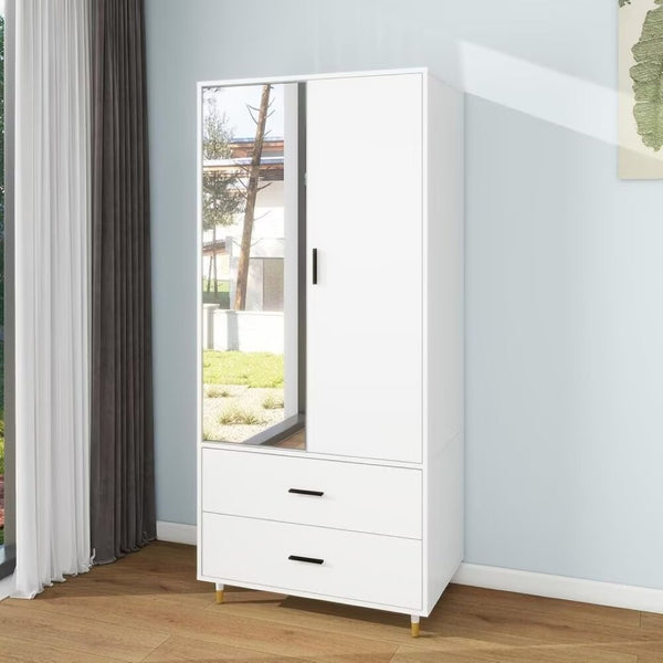 HomeRoots 71" Stylish White Mirrored Combo Dresser with Two Doors & Drawers for Modern Bedroom Storage Solutions 569288