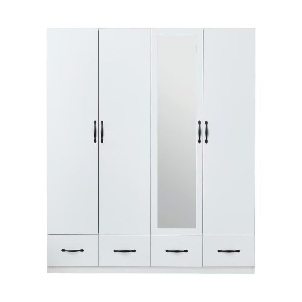 HomeRoots 74" White Mirrored Combo Dresser with 4 Drawers & Doors – Stylish Storage for Modern Bedrooms! 569292