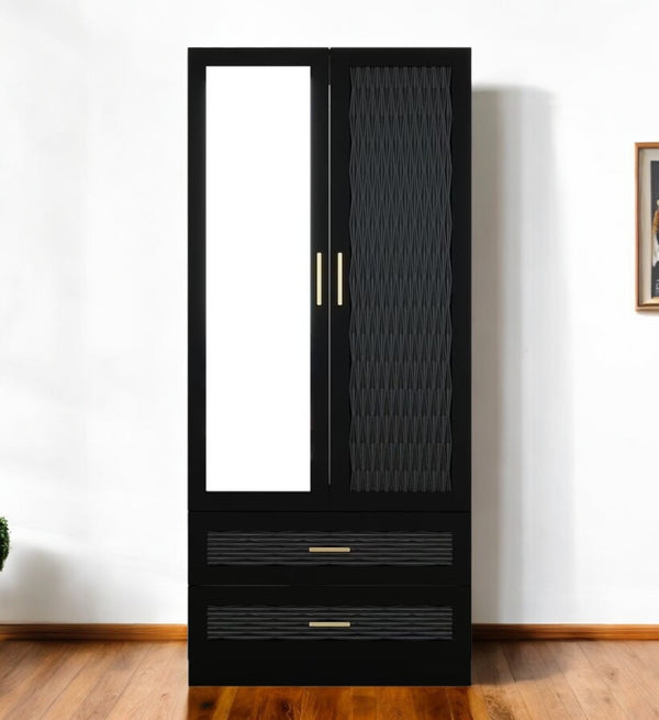 Homeroots 71" Modern Black Carved Geometric Two-door Dresser With Mirrored Finish And Ample Storage Space  Manufactured Wood 569293