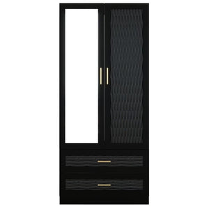 HomeRoots 71" Modern Black Carved Geometric Mirrored Combo Dresser with Two Doors & Two Drawers for Stylish Storage 569293