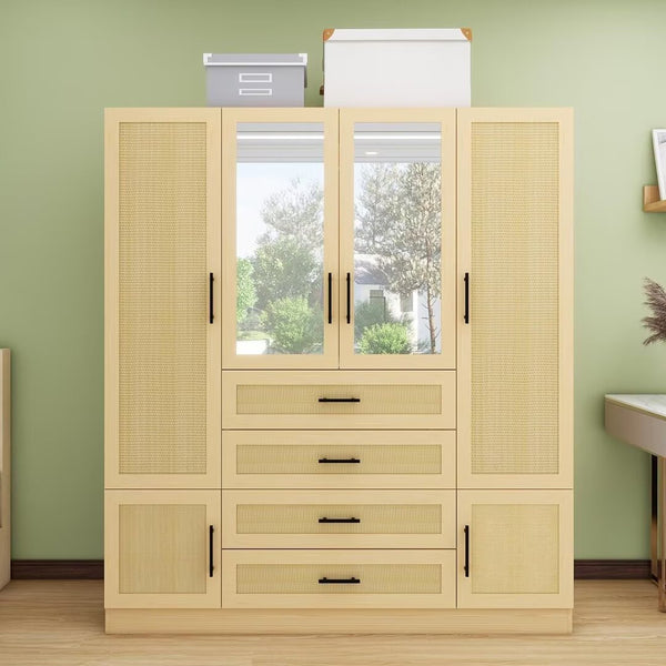 Homeroots 70" Natural Wood & Rattan Six-door Combo Dresser With Four Drawers For Stylish Storage Solutions  Manufactured Wood 569294