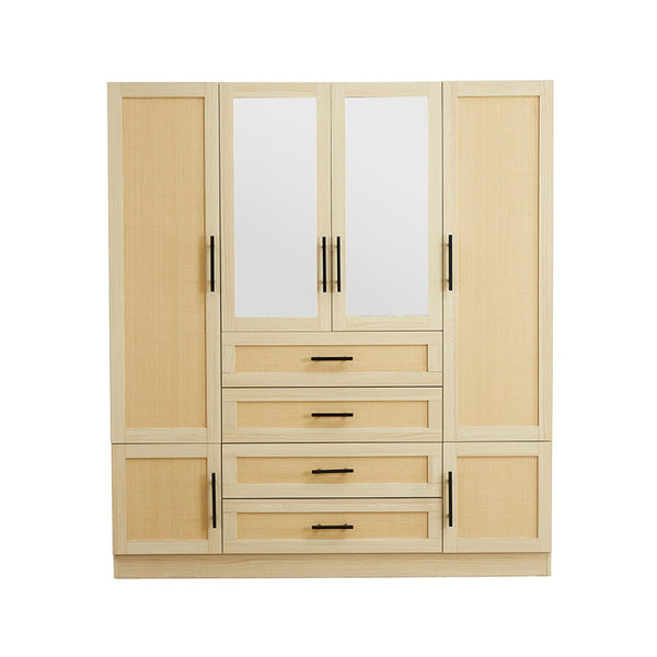 HomeRoots 70" Coastal Natural Wood & Rattan Mirrored Combo Dresser with 6 Doors & 4 Drawers for Stylish Storage 569294