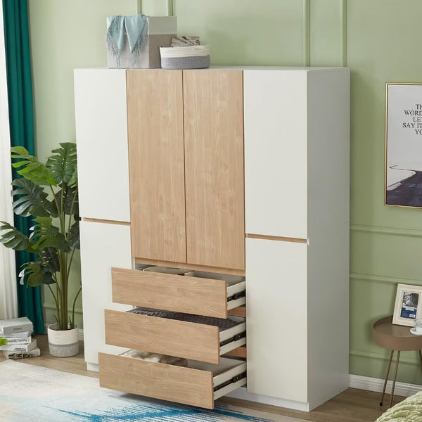 Homeroots 75" White And Natural Six-door Combo Dresser With Three Easy-open Drawers For Stylish Storage Solutions  Manufactured Wood 569295