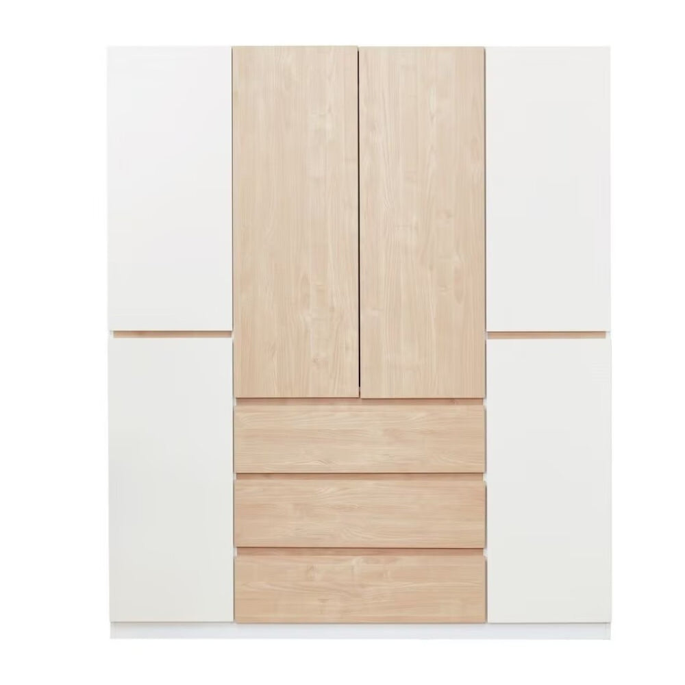 HomeRoots 75" White and Natural Combo Dresser – Modern Six-Door, Three-Drawer Storage Solution for Stylish Bedrooms 569295