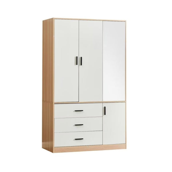 HomeRoots 71" White and Natural Mirrored Dresser - Stylish 3-Door, 3-Drawer Combo for Organized Bedrooms 569299