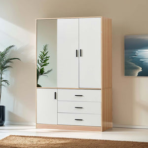 Homeroots 71" Elegant White & Natural Mirrored Combo Dresser With 3 Doors & 3 Drawers For Stylish Storage  Manufactured Wood 569299