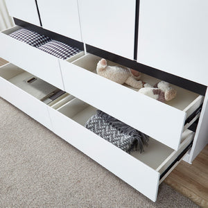 Homeroots 74" Stylish White And Black Combo Dresser With Four Doors And Drawers For Modern Bedroom Storage  Manufactured Wood 569301