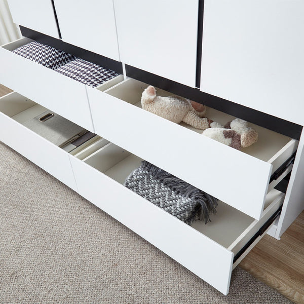 Homeroots 74" Stylish White And Black Combo Dresser With Four Doors And Drawers For Modern Bedroom Storage  Manufactured Wood 569301