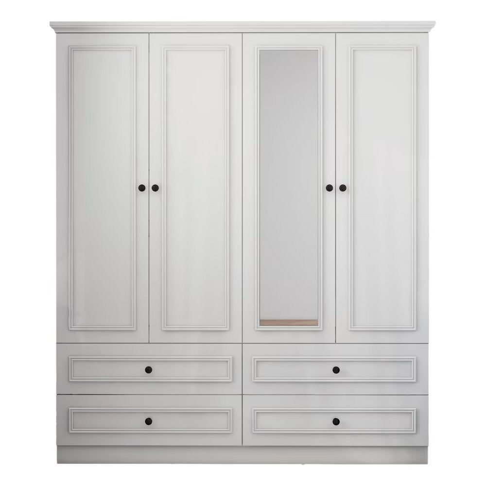 Homeroots 71" Elegant White Carved Geometric Mirrored Combo Dresser With Four Doors And Drawers For Storage  Manufactured Wood 569303