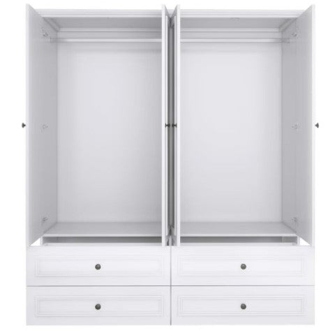 Homeroots 71" Elegant White Carved Geometric Mirrored Combo Dresser With Four Doors And Drawers For Storage  Manufactured Wood 569303