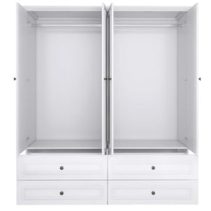 Homeroots 71" Elegant White Carved Geometric Mirrored Combo Dresser With Four Doors And Drawers For Storage  Manufactured Wood 569303