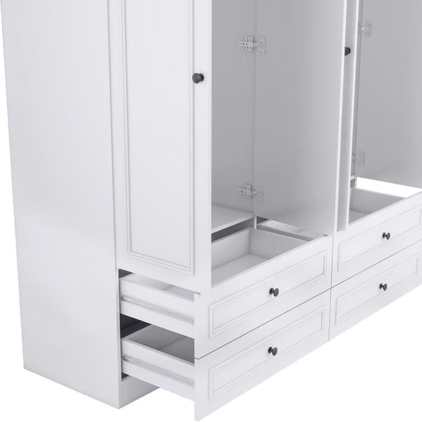Homeroots 71" Elegant White Carved Geometric Mirrored Combo Dresser With Four Doors And Drawers For Storage  Manufactured Wood 569303