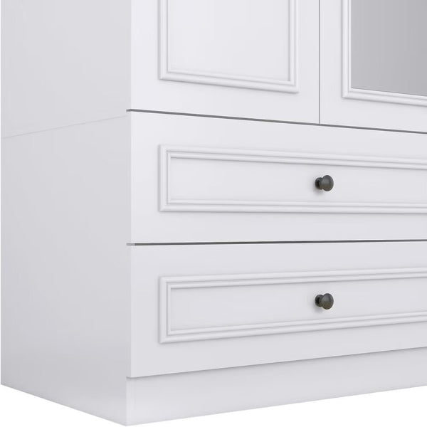 Homeroots 71" Elegant White Carved Geometric Mirrored Combo Dresser With Four Doors And Drawers For Storage  Manufactured Wood 569303