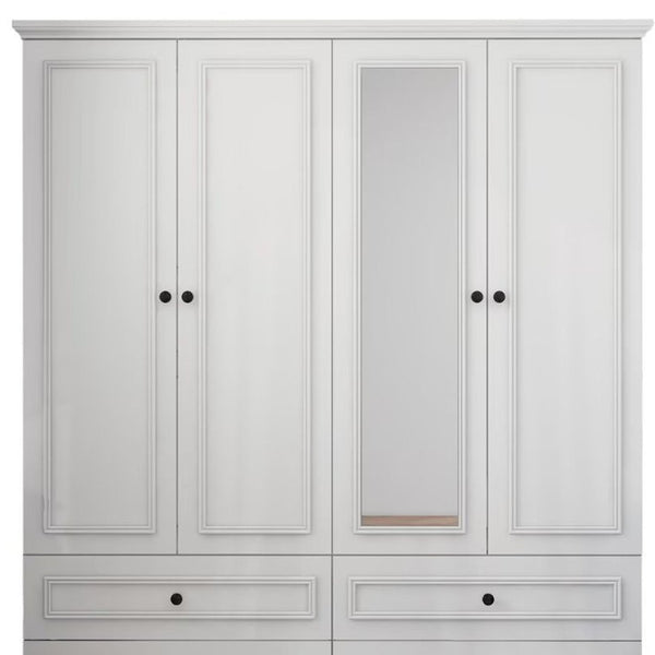 Homeroots 71" Elegant White Carved Geometric Mirrored Combo Dresser With Four Doors And Drawers For Storage  Manufactured Wood 569303