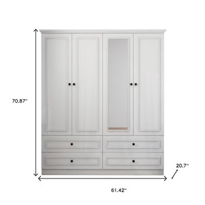 Homeroots 71" Elegant White Carved Geometric Mirrored Combo Dresser With Four Doors And Drawers For Storage  Manufactured Wood 569303