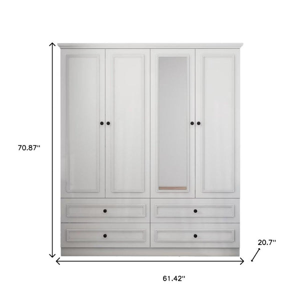 Homeroots 71" Elegant White Carved Geometric Mirrored Combo Dresser With Four Doors And Drawers For Storage  Manufactured Wood 569303