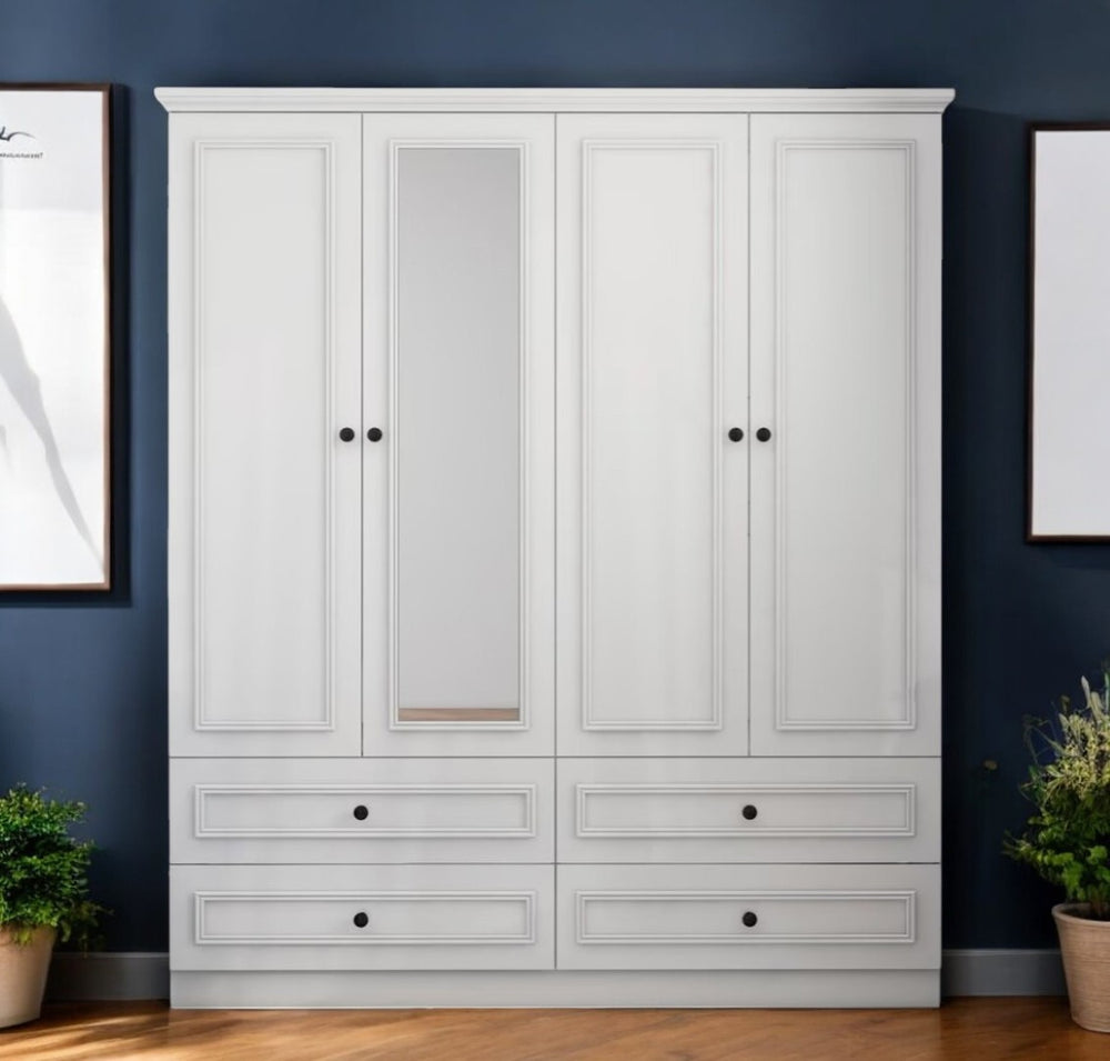 HomeRoots 71" White Carved Geometric Mirrored Combo Dresser - Elegant Storage Solution for Stylish Bedrooms 569303