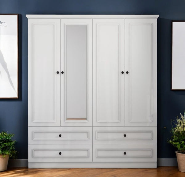 HomeRoots 71" White Carved Geometric Mirrored Combo Dresser - Elegant Storage Solution for Stylish Bedrooms 569303