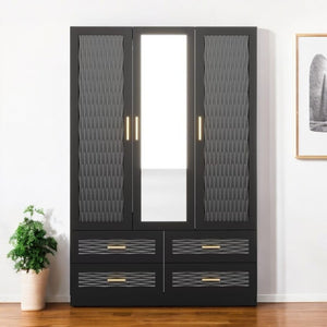 HomeRoots 71" Black Carved Geometric Mirrored Combo Dresser - Modern Storage Solution with Chic Design Elements 569304