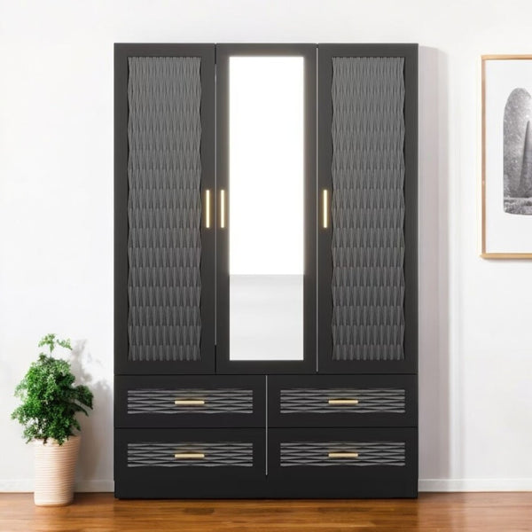 HomeRoots 71" Black Carved Geometric Mirrored Combo Dresser - Modern Storage Solution with Chic Design Elements 569304