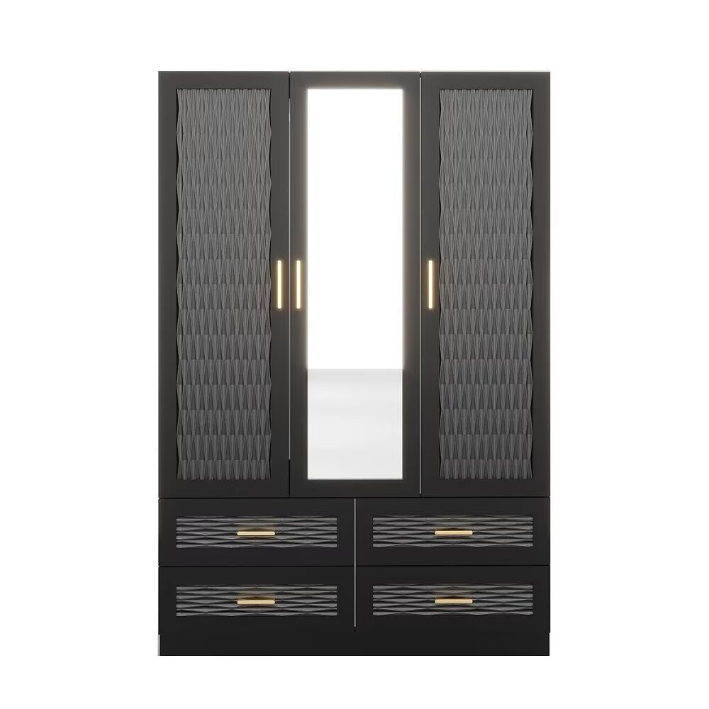 Homeroots 71" Stylish Black Carved Geometric Mirrored Combo Dresser With Four Drawers And Three Doors  Manufactured Wood 569304
