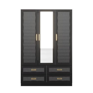 Homeroots 71" Stylish Black Carved Geometric Mirrored Combo Dresser With Four Drawers And Three Doors  Manufactured Wood 569304
