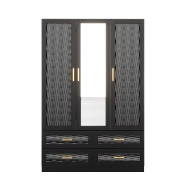 Homeroots 71" Stylish Black Carved Geometric Mirrored Combo Dresser With Four Drawers And Three Doors  Manufactured Wood 569304