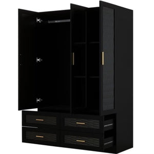 Homeroots 71" Stylish Black Carved Geometric Mirrored Combo Dresser With Four Drawers And Three Doors  Manufactured Wood 569304