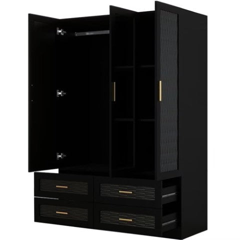 Homeroots 71" Stylish Black Carved Geometric Mirrored Combo Dresser With Four Drawers And Three Doors  Manufactured Wood 569304