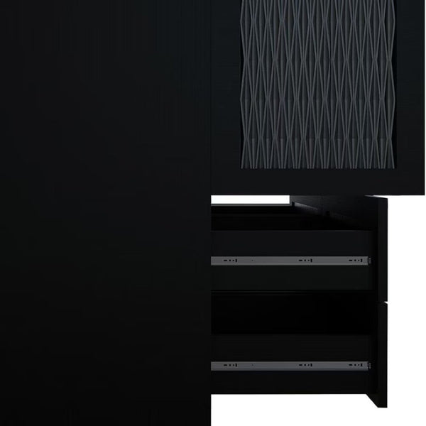 Homeroots 71" Stylish Black Carved Geometric Mirrored Combo Dresser With Four Drawers And Three Doors  Manufactured Wood 569304