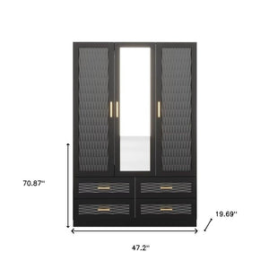 Homeroots 71" Stylish Black Carved Geometric Mirrored Combo Dresser With Four Drawers And Three Doors  Manufactured Wood 569304