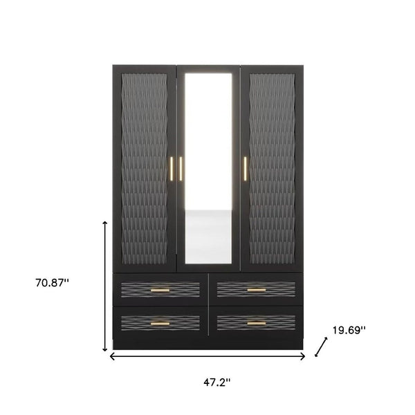 Homeroots 71" Stylish Black Carved Geometric Mirrored Combo Dresser With Four Drawers And Three Doors  Manufactured Wood 569304