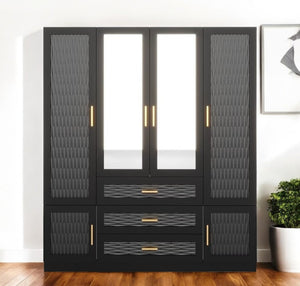 HomeRoots 71" Black Gray Gold Carved Geometric Dresser with Mirrors – Stylish Storage & Glamorous Design! 569305