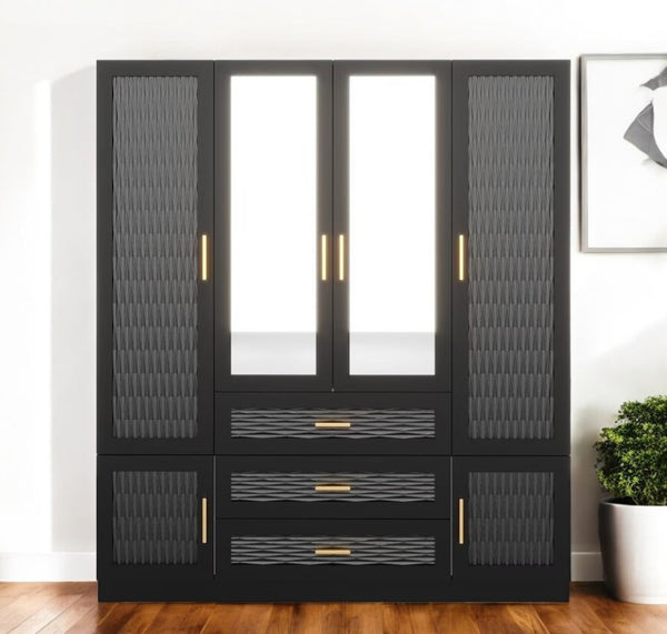 HomeRoots 71" Black Gray Gold Carved Geometric Dresser with Mirrors – Stylish Storage & Glamorous Design! 569305