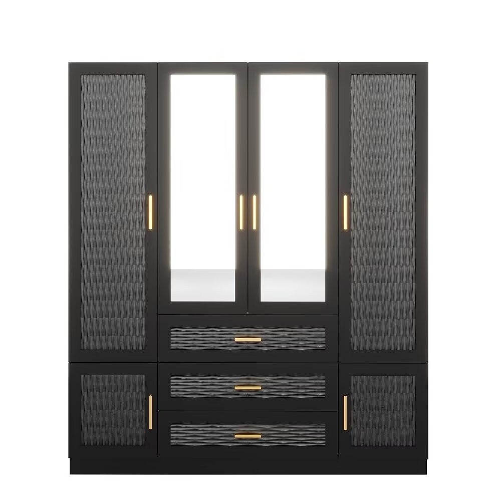 Homeroots 71" Striking Black, Gray & Gold Geometric Mirrored Combo Dresser With 6 Doors & 3 Drawers For Storage  Manufactured Wood 569305