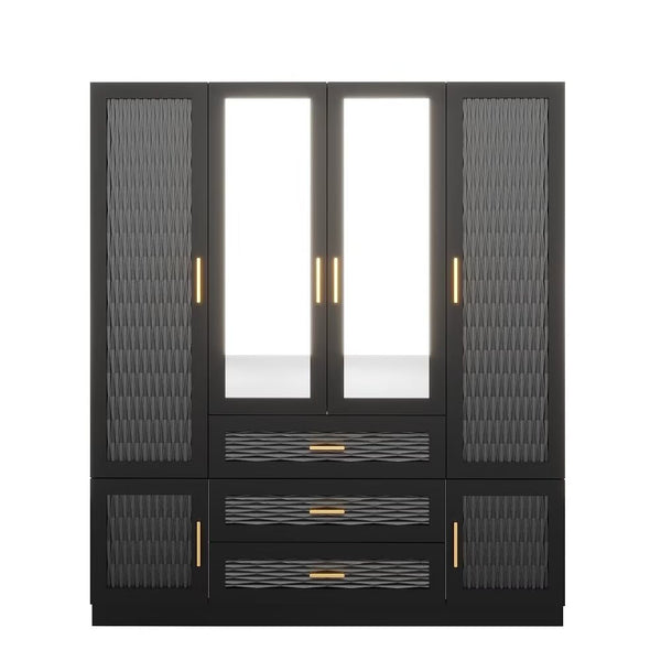 Homeroots 71" Striking Black, Gray & Gold Geometric Mirrored Combo Dresser With 6 Doors & 3 Drawers For Storage  Manufactured Wood 569305