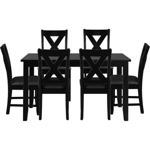 HomeRoots Seven Piece Black Wood Dining Set: Modern Rectangular Table & 6 Upholstered Chairs for Comfort 569337