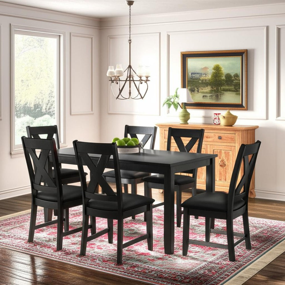 HomeRoots Seven Piece Black Wood Dining Set: Modern Rectangular Table & 6 Upholstered Chairs for Comfort 569337