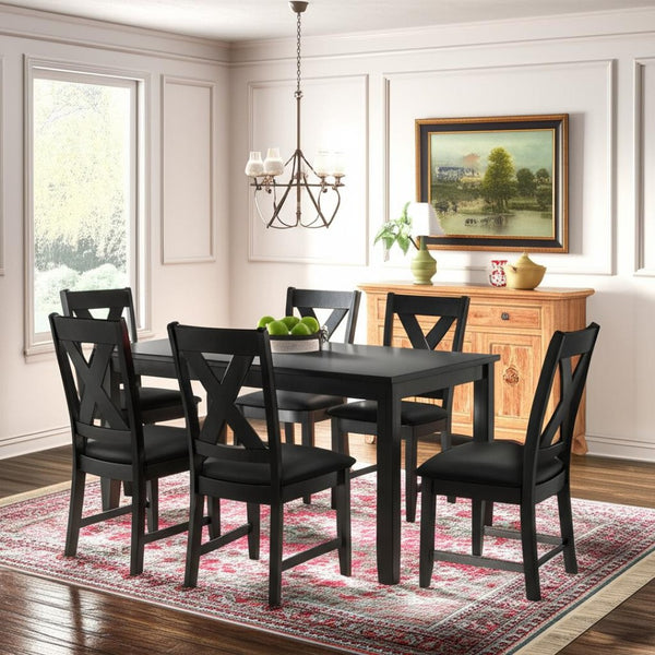 HomeRoots Seven Piece Black Wood Dining Set: Modern Rectangular Table & 6 Upholstered Chairs for Comfort 569337