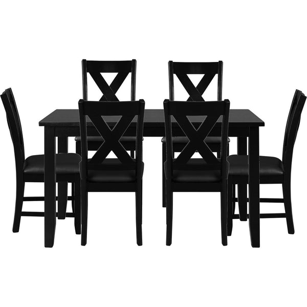 HomeRoots Seven Piece Black Wood Dining Set: Modern Rectangular Table & 6 Upholstered Chairs for Comfort 569337