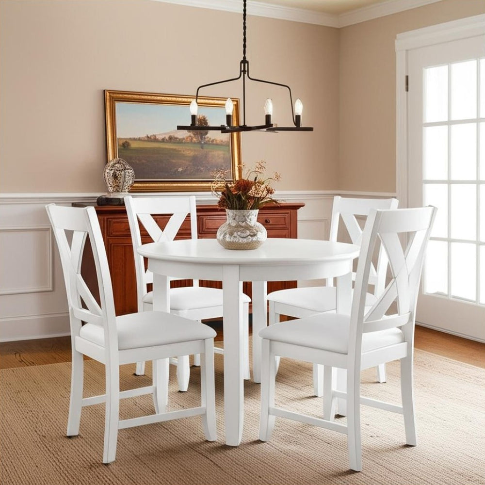 HomeRoots Five-Piece White Wood Dining Set with Four Upholstered Chairs for Modern Home Elegance and Comfort 569338