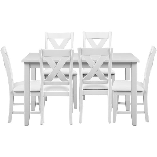 HomeRoots Seven Piece White Wood Dining Set with Six Upholstered Chairs for Modern Everyday Elegance 569339