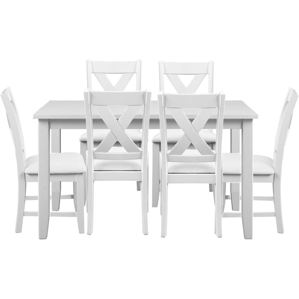 HomeRoots Seven Piece White Wood Dining Set with Six Upholstered Chairs for Modern Everyday Elegance 569339