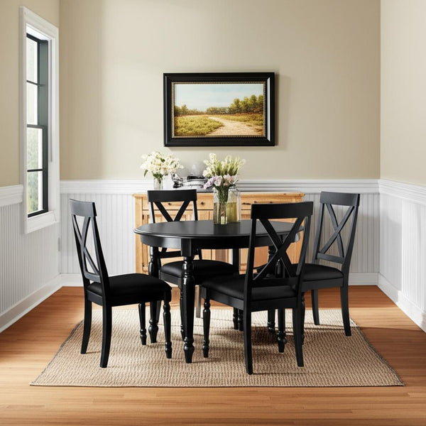 HomeRoots Five Piece Black Wood Dining Set: Elegant Table & Four Upholstered Chairs for Modern Spaces 569340
